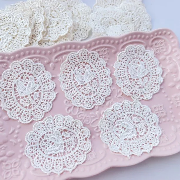 5 Pcs 6.6CM Wide Off White Ellipse Mesh Embroidered Flower Patches for Clothes Sew on Party Dress Applique Coaster Sewing Crafts