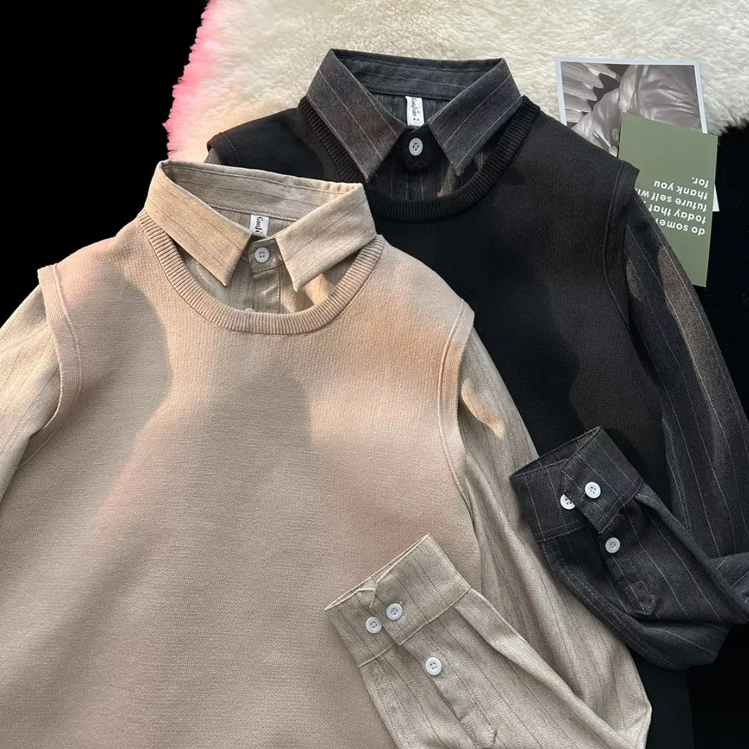 

Мужской полосатый вязаный жилет, повседневная одежда для пар, свободный крой, с длинным рукавом, воротник-рубашка, термо, осень-весна, модный тренд