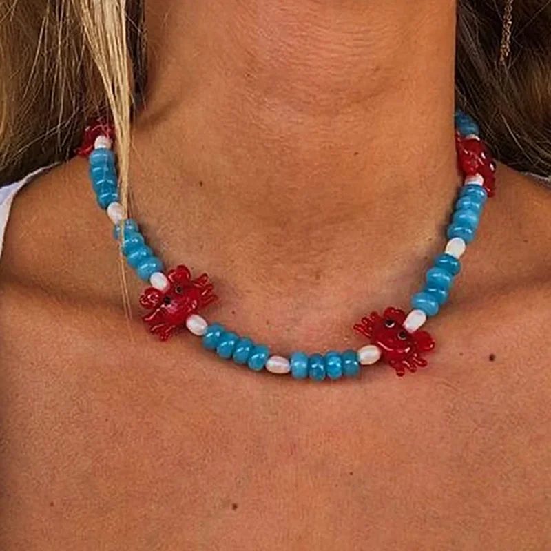 Collar colorido de pez dorado de cristal hecho a mano, accesorio de moda para mujer, collar de cuentas de joyería nueva, penda de langosta y cangrejo de la serie océano