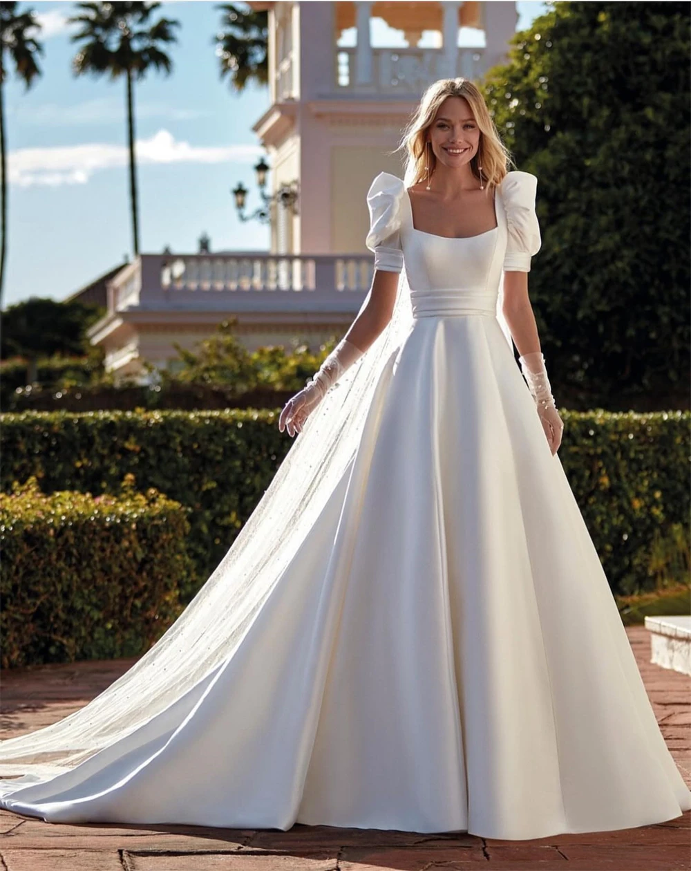 Vestidos De Novia De satén De color marfil exquisitos personalizados, Vestido De Novia sencillo De corte en A, vestidos De Novia elegantes con cuello cuadrado y mangas abullonadas