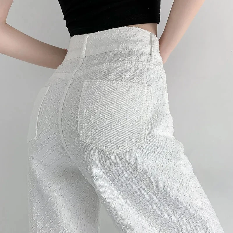 White Jeans For Women Jacquard Denim Pants 2024 Spring And Summer Loose Straight Leg Wide leg Pants Female Trousers 6XL