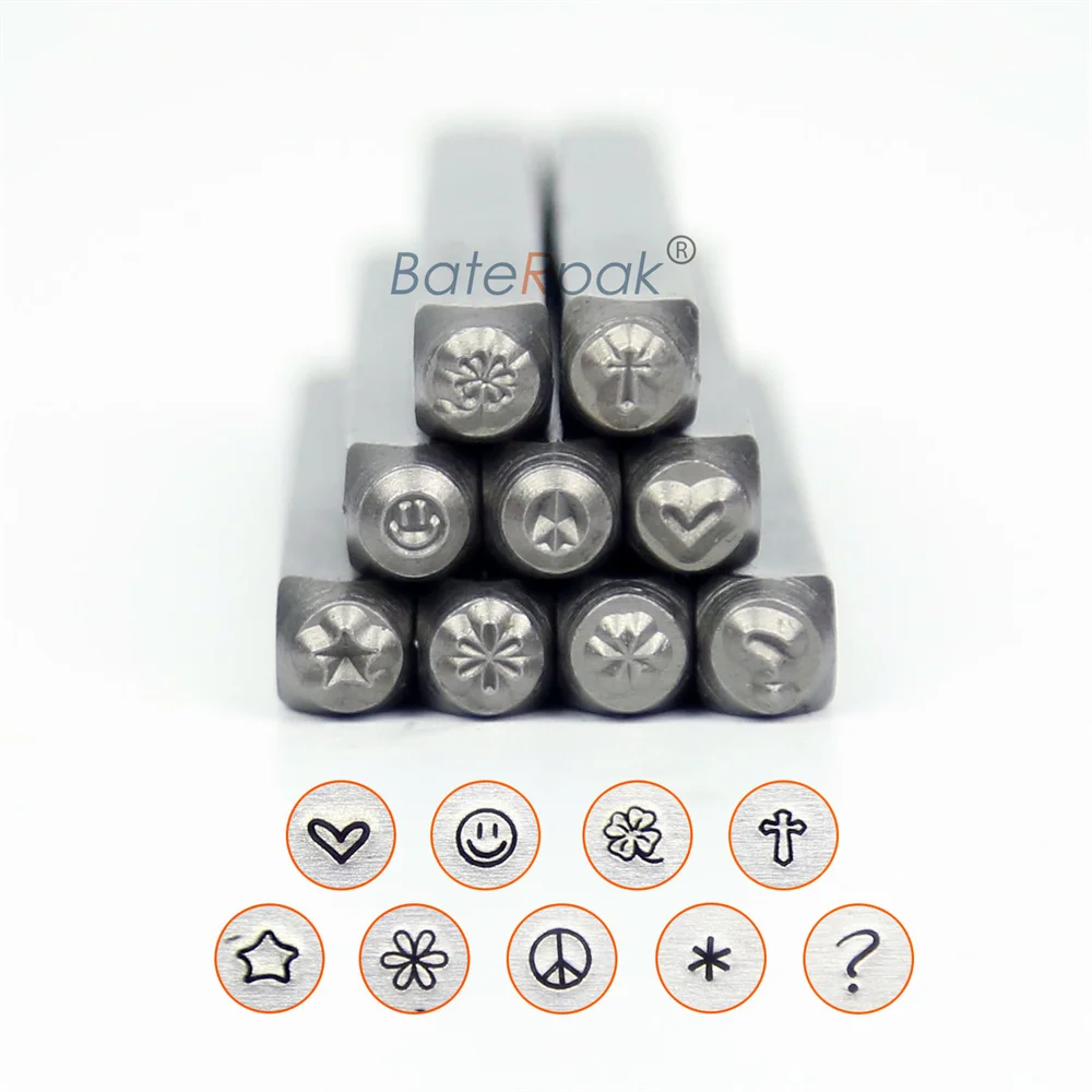 BateRpak  3mm Leaf/Cross/Flower/Peace/Smile Pattern Design Steel punch stamp,Metal Jewelry Design Stamps 9pcs/pack