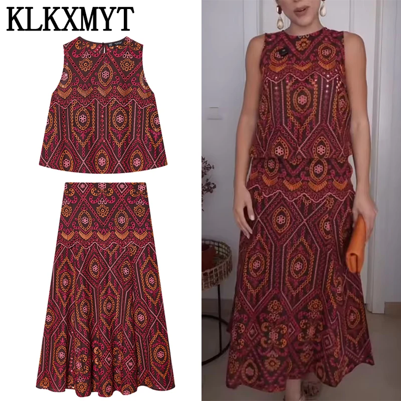 

KLKXMYT Women Set Fashion Hollow Embroidery Sleeveless Short Tops+Pleated Elegant Midi Skirt Casual Spring Summer 2 Piece Set