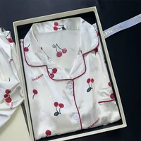Cherry Print Pajamas Set for Women Summer Satin Two Piece Sleepwear Short Sleeve Shirt and Shorts Casual Fashion Homewear - Image 3