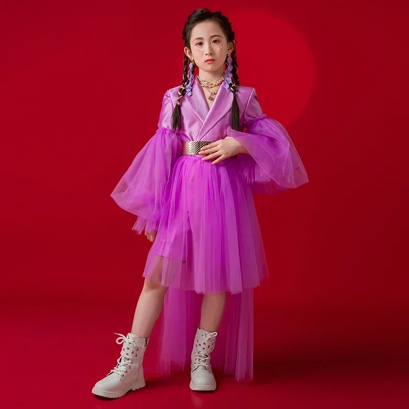 Outfits Mesh Puff Sleeves Coat Shorts Girls Jazz Clothes New Kids Hip Hop Jazz Dance Costumes Children'S Stage Catwalk