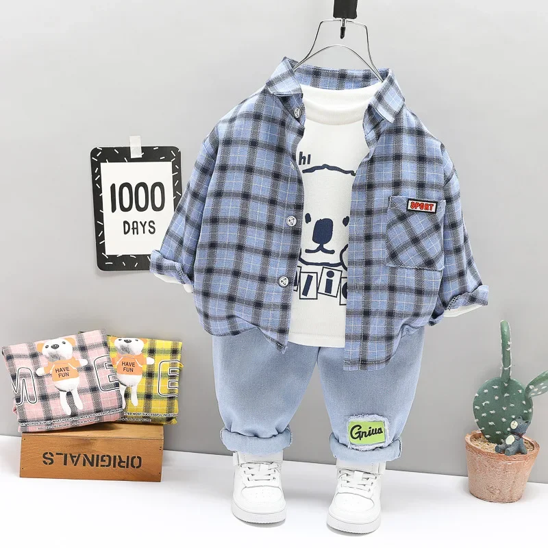 

Spring Autumn Children Boy 3PCS Clothes Set Bear Undershirt Plaid Coat Shirt Sticker Denim Pant Baby Boy Suit Toddler Boy Outfit