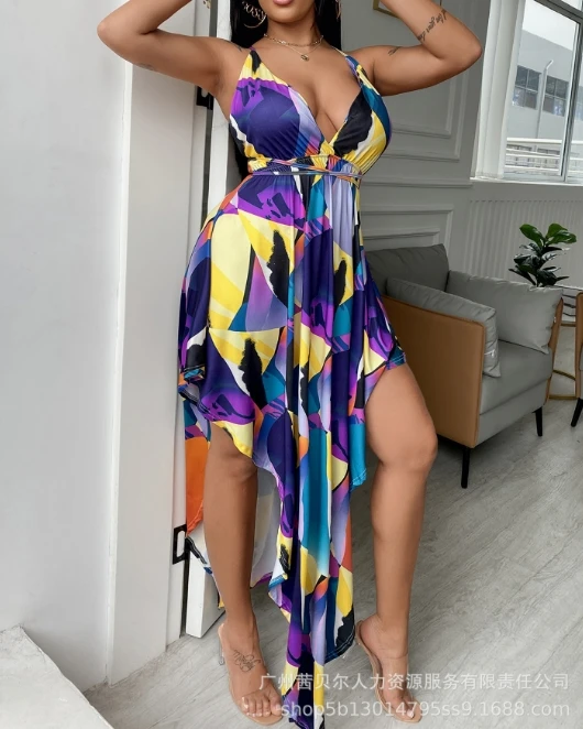 Summer Fashion New Print Pleated Dress Decoration Body Hanging Strap Colored Painting Elegant Fashion Dress Women