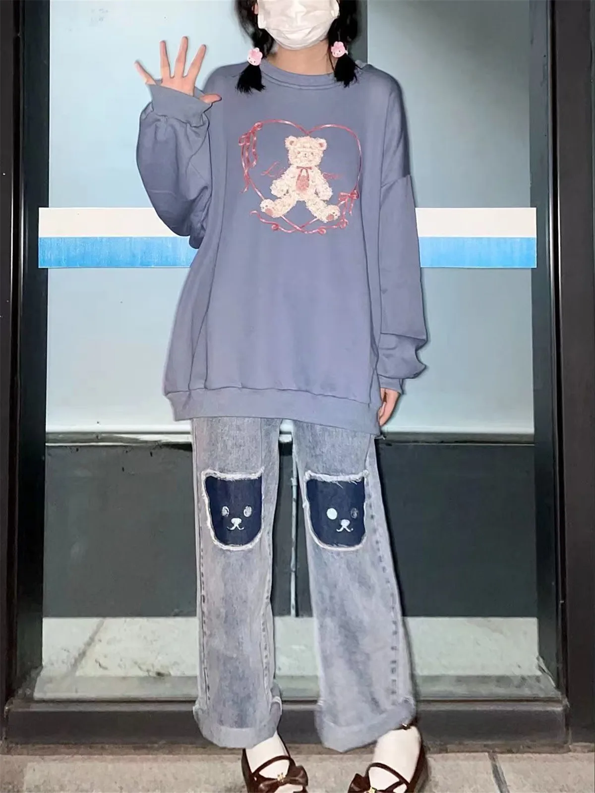 Cool lindo Hip Hop oso Jeans niñas Cool Harm pantalones Mujer Punk alta cintura Denim holgado INS otoño Harajuku Jeans Mujer