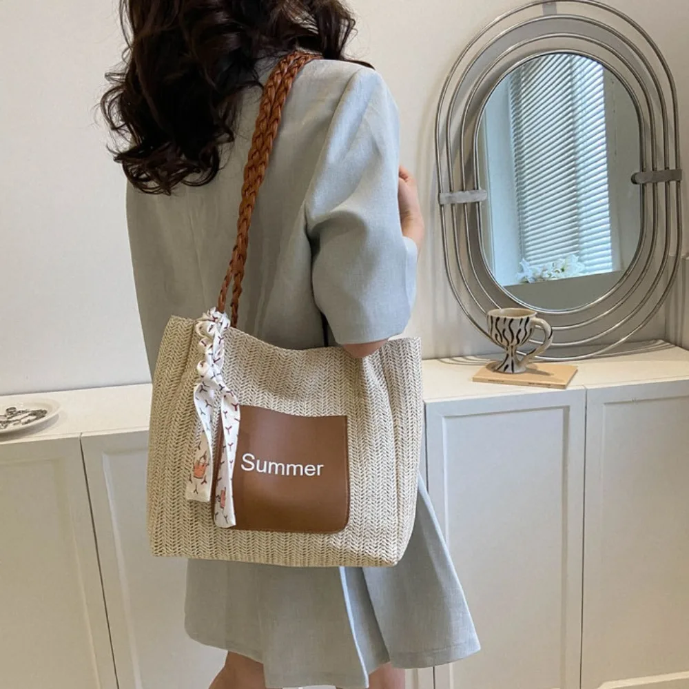 Trendy Straw Woven Scarves Tote Bag Casual Shoulder Bag Beach Bag Daily Commuting Bag Underarm Bag Large Capacity Handbag