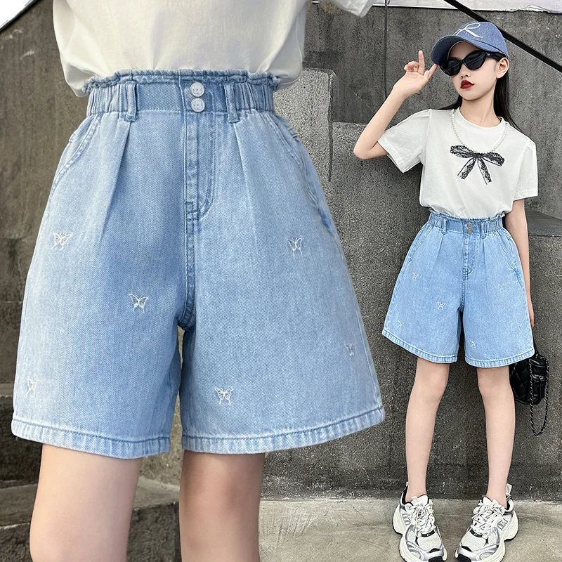 

Girls Trousers 2024 New Summer Denim Shorts Loose-fitting Children Wear Wide Range Stylish Thin Summer Simple Casual Pants