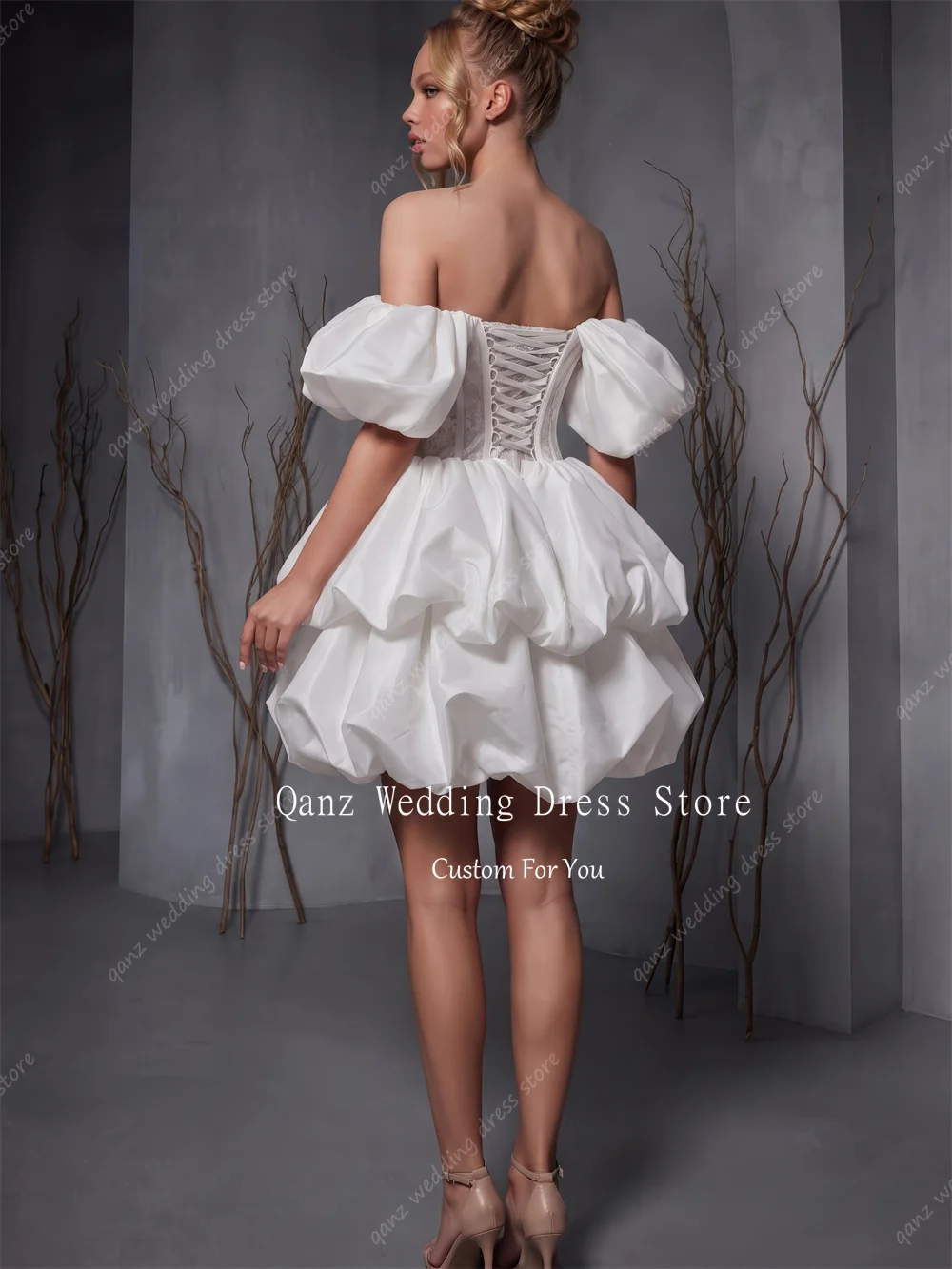 Qanz White Wedding Dresses Bride Short A Line Removable Sleeves Vestido De Noiva Lace Up Back Short Robe De Mariée Customized