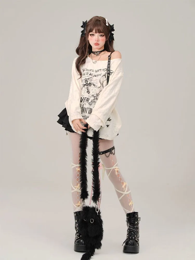 Women Off One Shoulder Distressed Long Sleeve Top Vintage Newspaper Letter Print Oversized Y2K Tunic