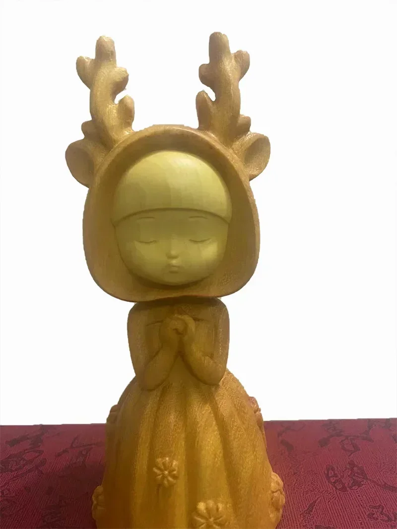 Wooden cute deer head girl Cartoon Character Statue Solid wood hand carving Home room decoration artwork 15cm