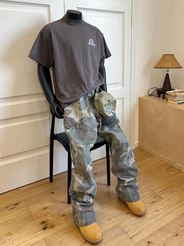American Camouflage Work Pants Men's Small Design Sense Cut Line Flared Pants Trendy Casual Pants Loose Fit Long Zipper