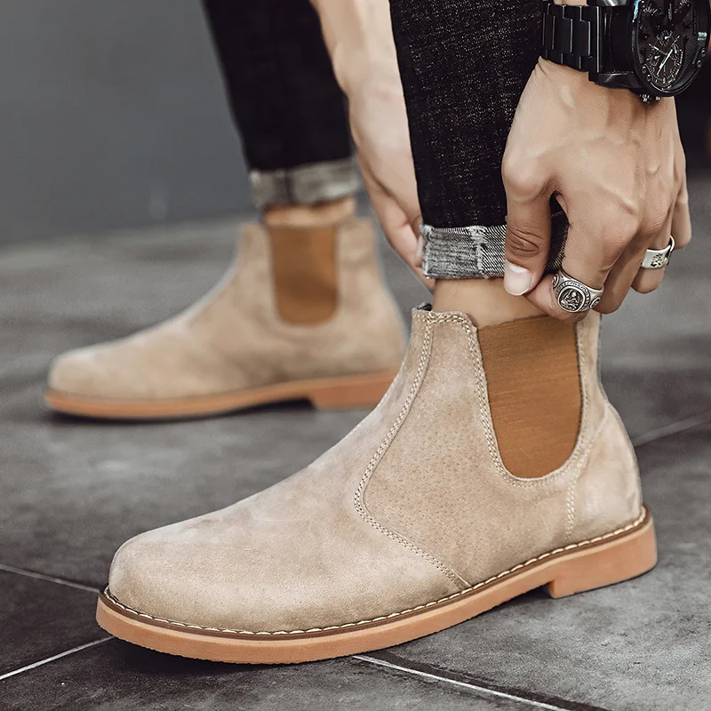 New Autumn Winter Korean Style Mid-Calf Chelsea Boots for Men, Fleece Lined Warm Thermal Cotton Shoes Fashion Casual Ankle Boots