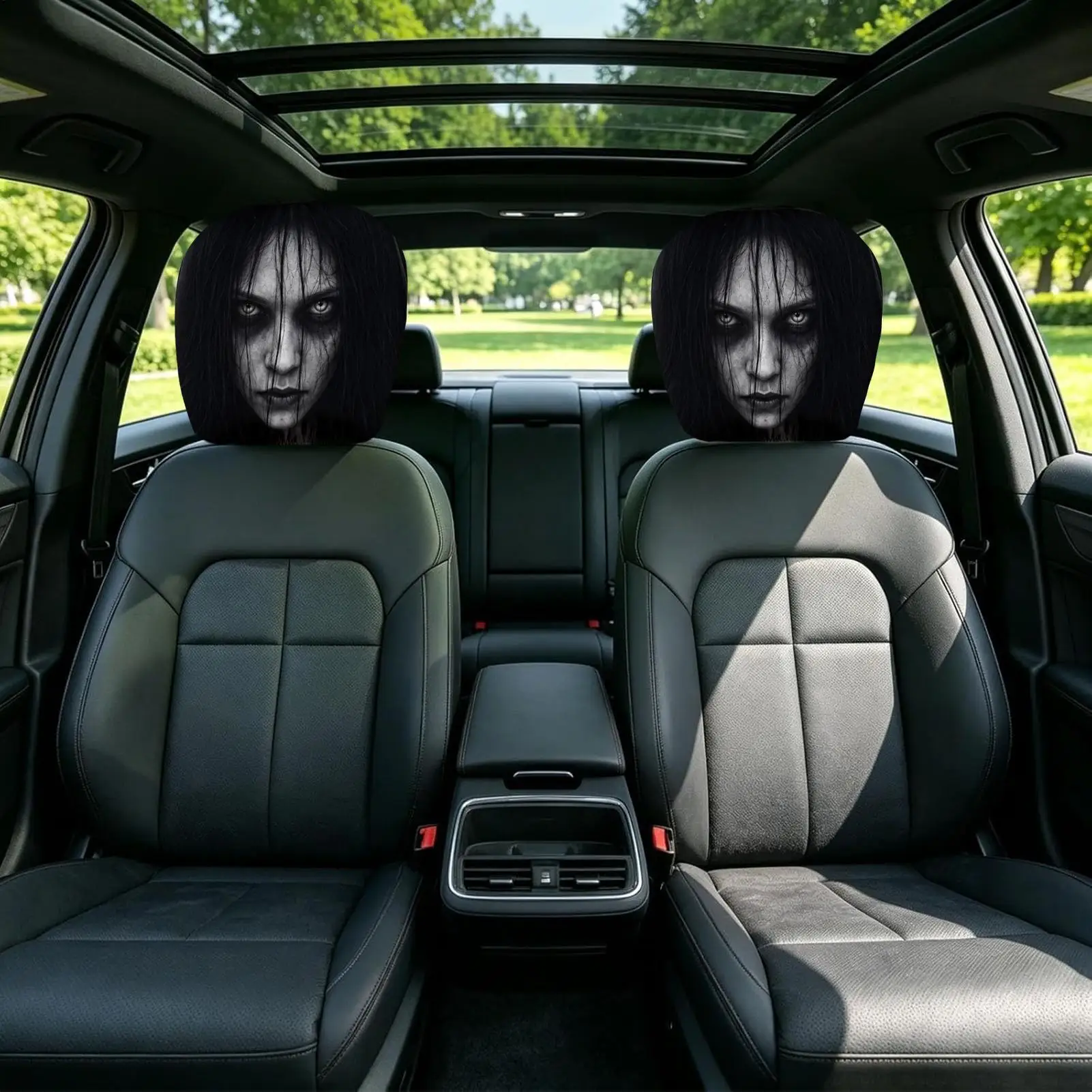 2pcs Halloween Ghost Face Headrest Covers Spooky Ghost Face Stretchy Car Seat Headrest Cover for SUVs Trucks Halloween Trip