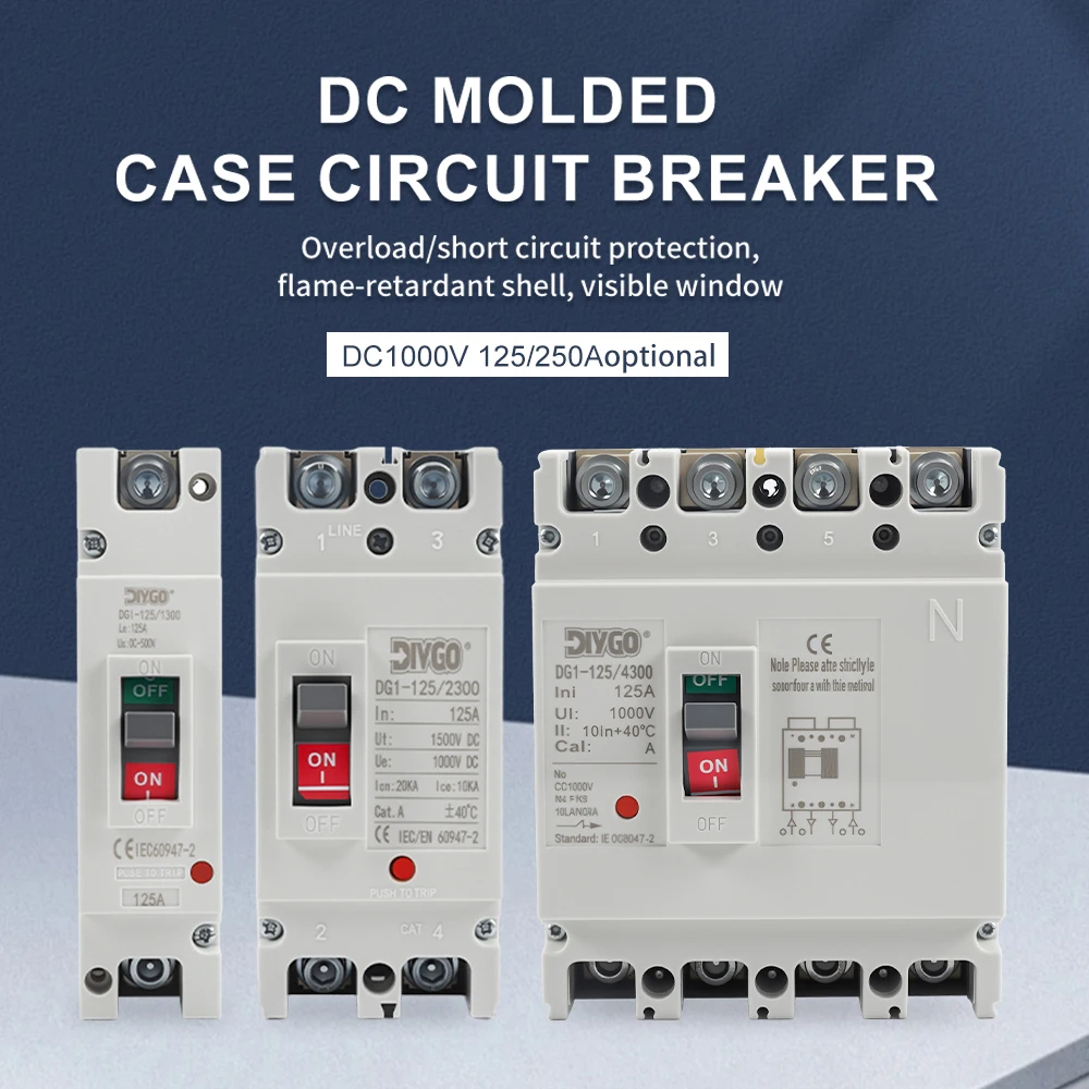 เบรกเกอร์วงจรแบบหล่อขึ้นรูป DC MCCB 1P 2P 4P 500/1000V ป้องกันกระแสเกิน/ลัดวงจร สำหรับระบบโซลาร์เซลล์