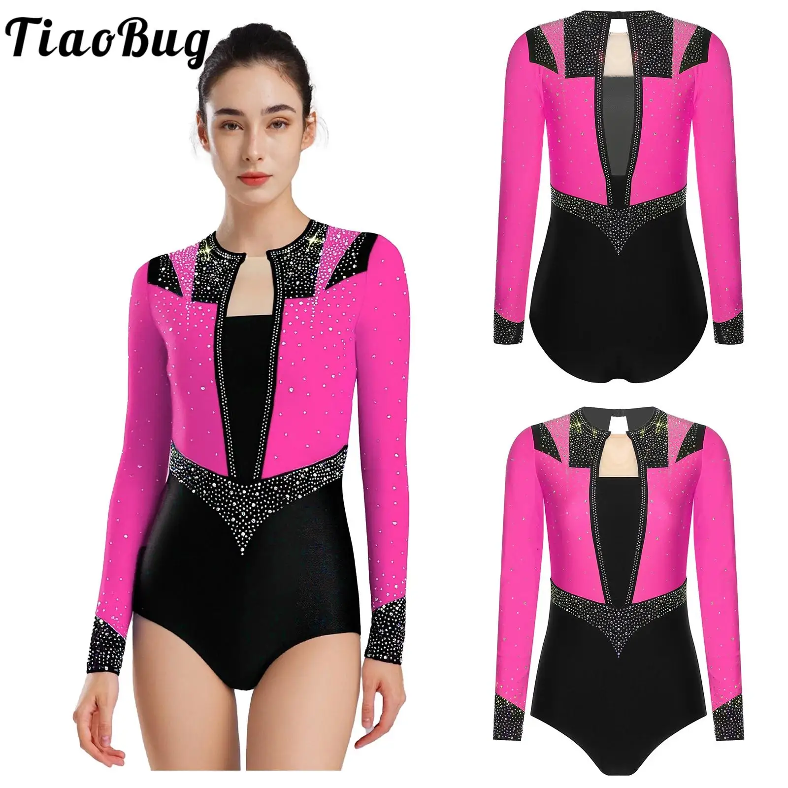 

Figure Skating Leotard Women Acrobatics Dance Gymnastics Costumes Ballet Dance Unitard Long Sleeve Rhinestones Leotards Bodysuit