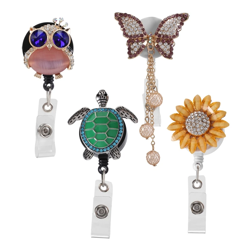 

4 Pcs Rhinestone Retractable Badge Reel ID Badge Reel Clip For Nurse Teacher (Butterfly Sunflower Turtle Owl)