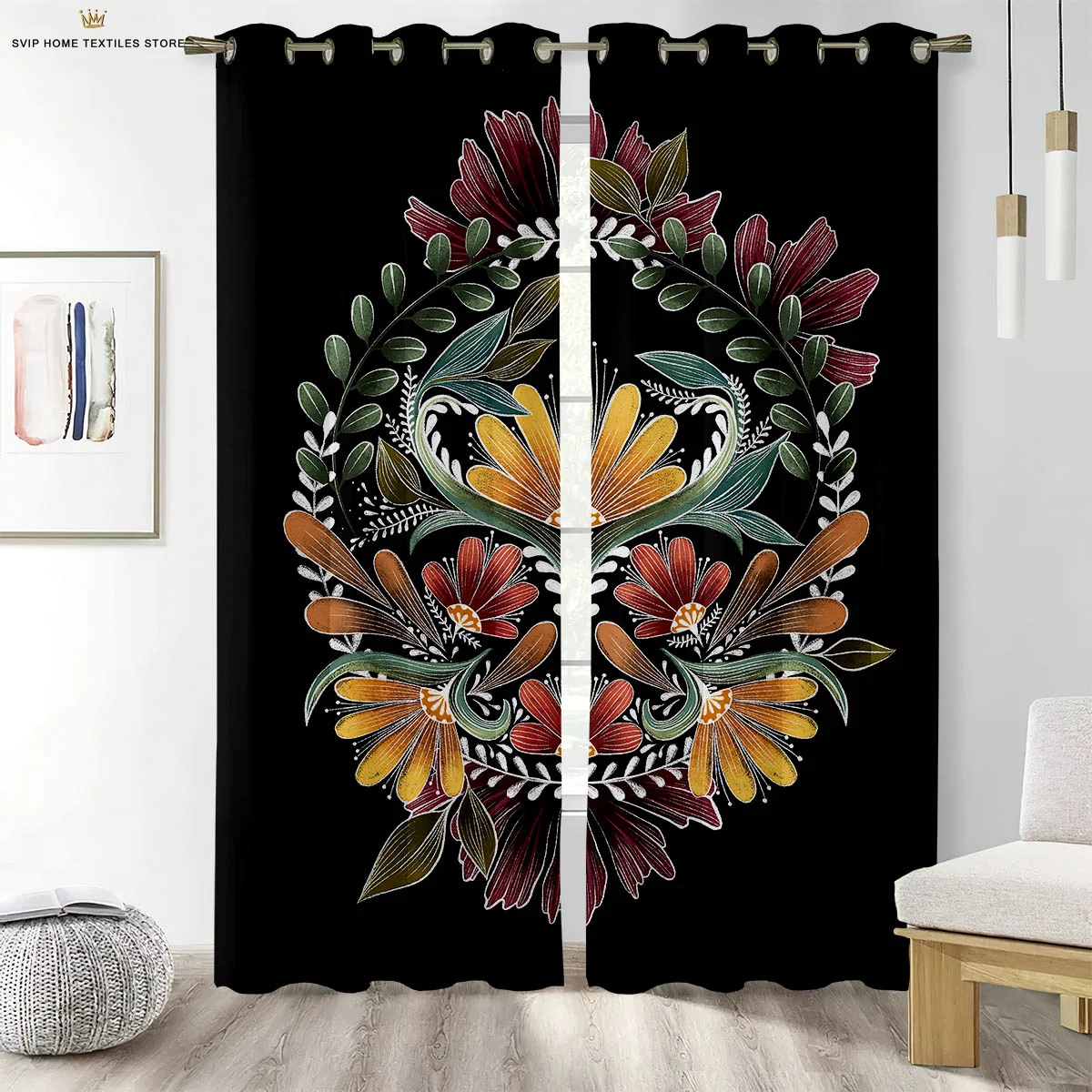 Blackout Curtains High Quality Black Silk Curtains Bedroom Living Room Kitchen Window Curtains Vintage Floral Print