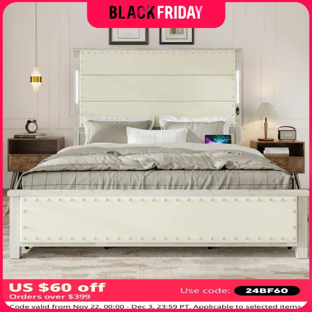 Queen  Size Bed Frame with Linen Upholstered Headboard Iron Platform Bed with Touch Light Belt Built-in Charging Station