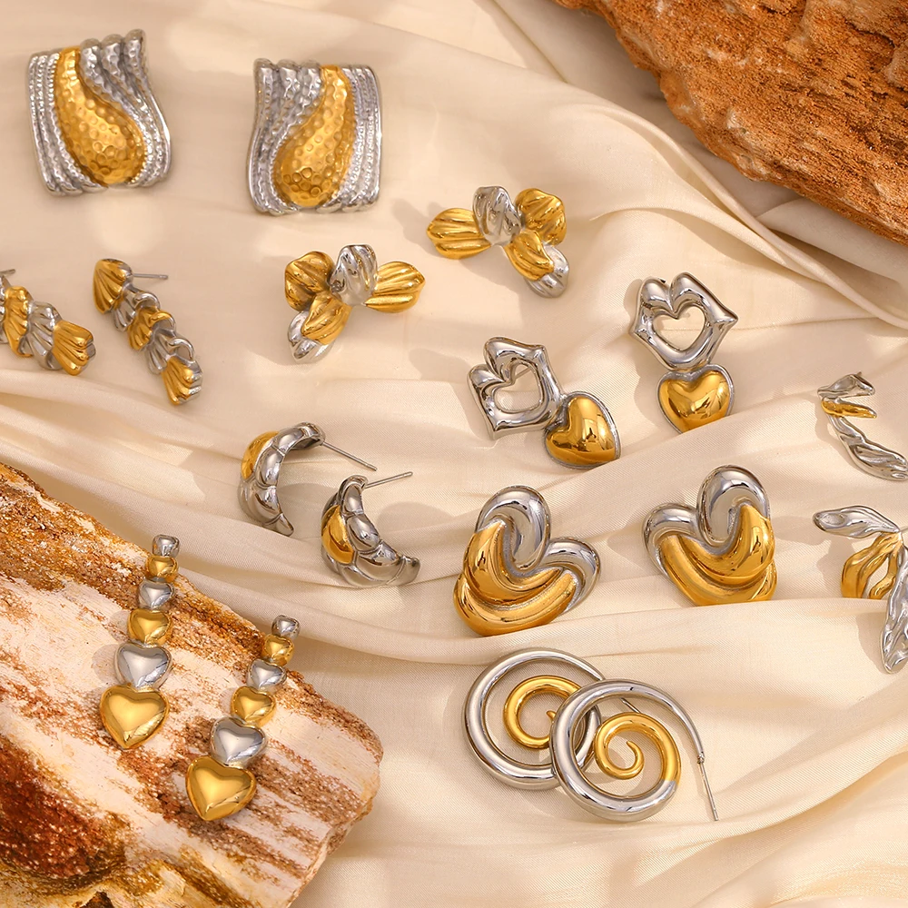 E.B.belle Popular pendientes de titanio en espiral con forma de corazón y flor de doble Color, joyería de acero inoxidable resistente al agua para mujer, regalo para mujer