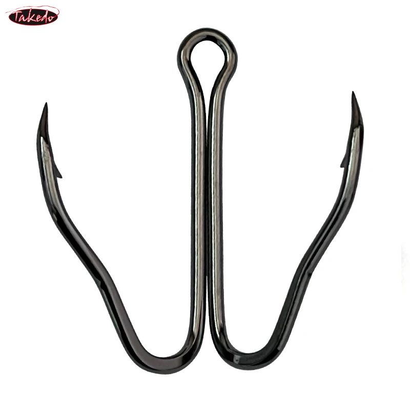 TAKEDO 10PCS/BOX 3551 Short Handle Double Hook 6# - 1/0 Fishhook 2X Strength High Carbon Steel Fishing Hook For Frog Lure