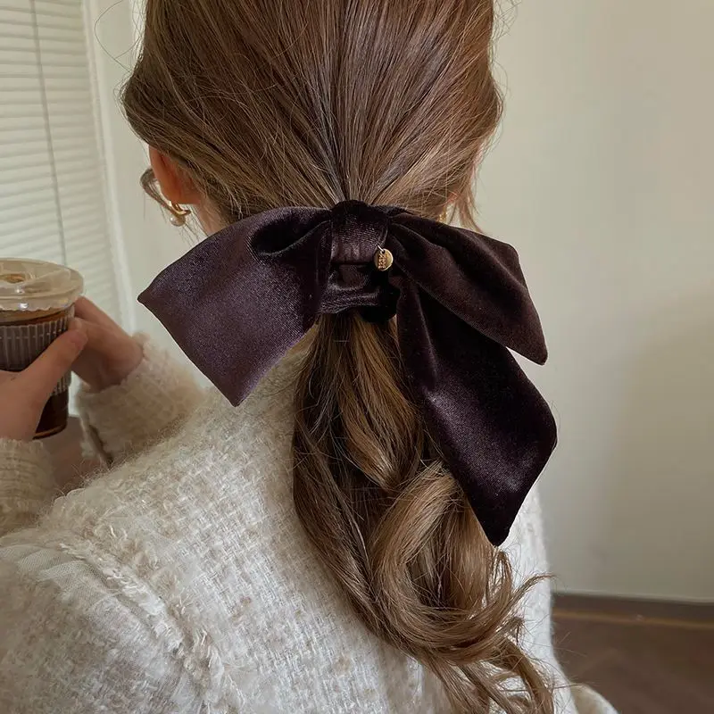 Korean Vintage Velvet Bow Scrunchies Female Solid Knot Hair Rope Ribbon Elastic Ponytail Hair Tie Accessories Women Hair Bands