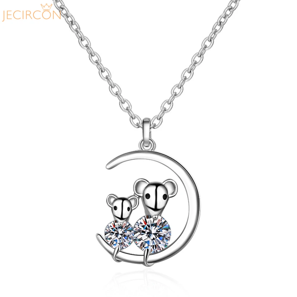 

JECIRCON 0.4 Carat Moissanite Necklace for Women 2 Cute Little Mice Pendant 925 Sterling Silver Plated pt950 Gold Clavicle Chain