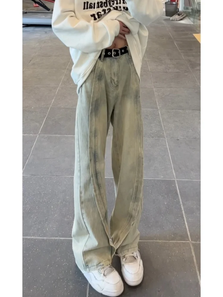 

American Sle Yellow Mud Color Denim Jeans Men's Spring Autumn Straight Leg Micro Flared Knife Jeans Trendy High Street