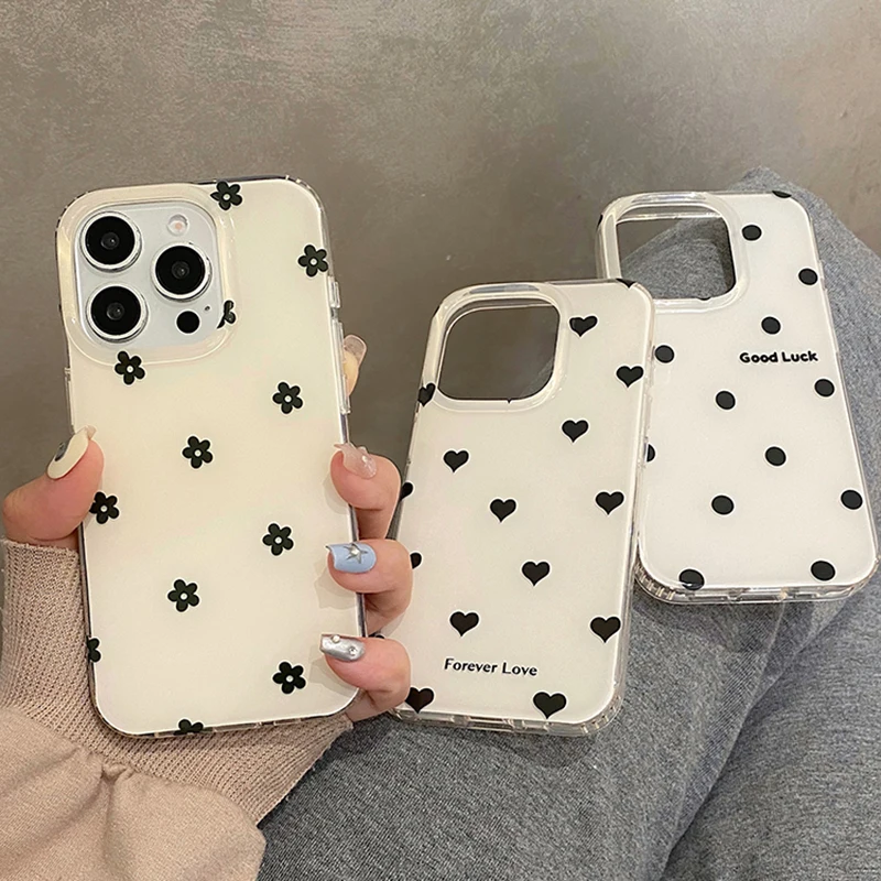 

Fashion Black Love Heart Polka Dot Flowers Phone Case For iPhone 17 16 15 13 14 Pro Max Soft TPU Back Cover