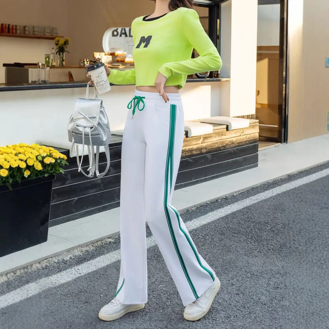 white-golf-feather-tennis-casual-sport-high-waist-stripe-drapey-flared-square-dance-fitness-floor-length-pants-women