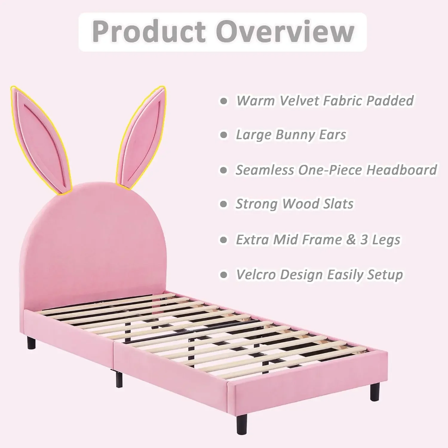 Pink Twin Bed Frame with Bunny Ear Headboard, Upholstered Velvet Padded for Girls, Sturdy Wood Slats, No Box Spring Needed