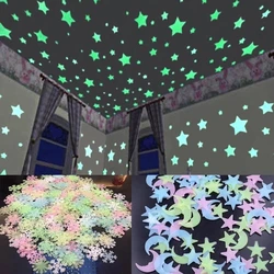 Autocollants muraux étoiles et lune 3D lumineux, 100 pièces, décorations pour la maison, lueur fluorescente dans la nuit, décor mural pour salon d'enfants