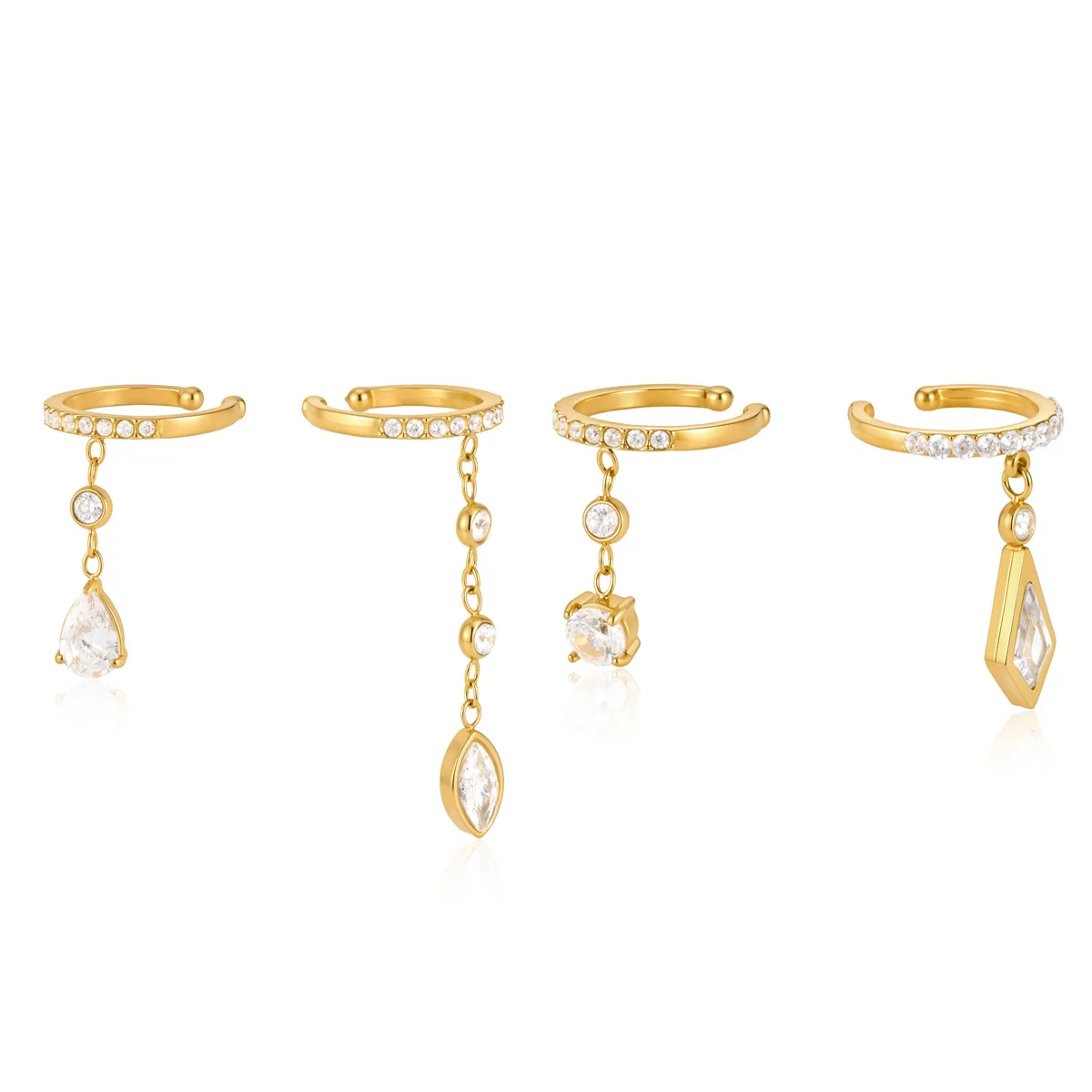 18K Gold Plated Stainless Steel Asymmetric CZ Ear Cuffs Dangle Chain Earrings, Waterproof Non Piercing Jewelry Gift Choice