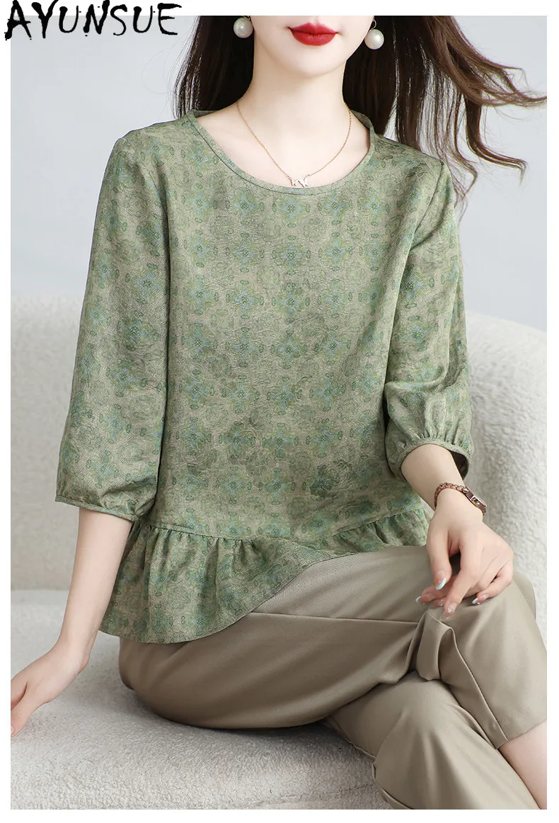 AYUNSUE 100% Real Mulberry Silk Women Tops Half Sleeved Printed Women Tshirts Autumn Casual Women Clothes 2026 New Ropa De Mujer