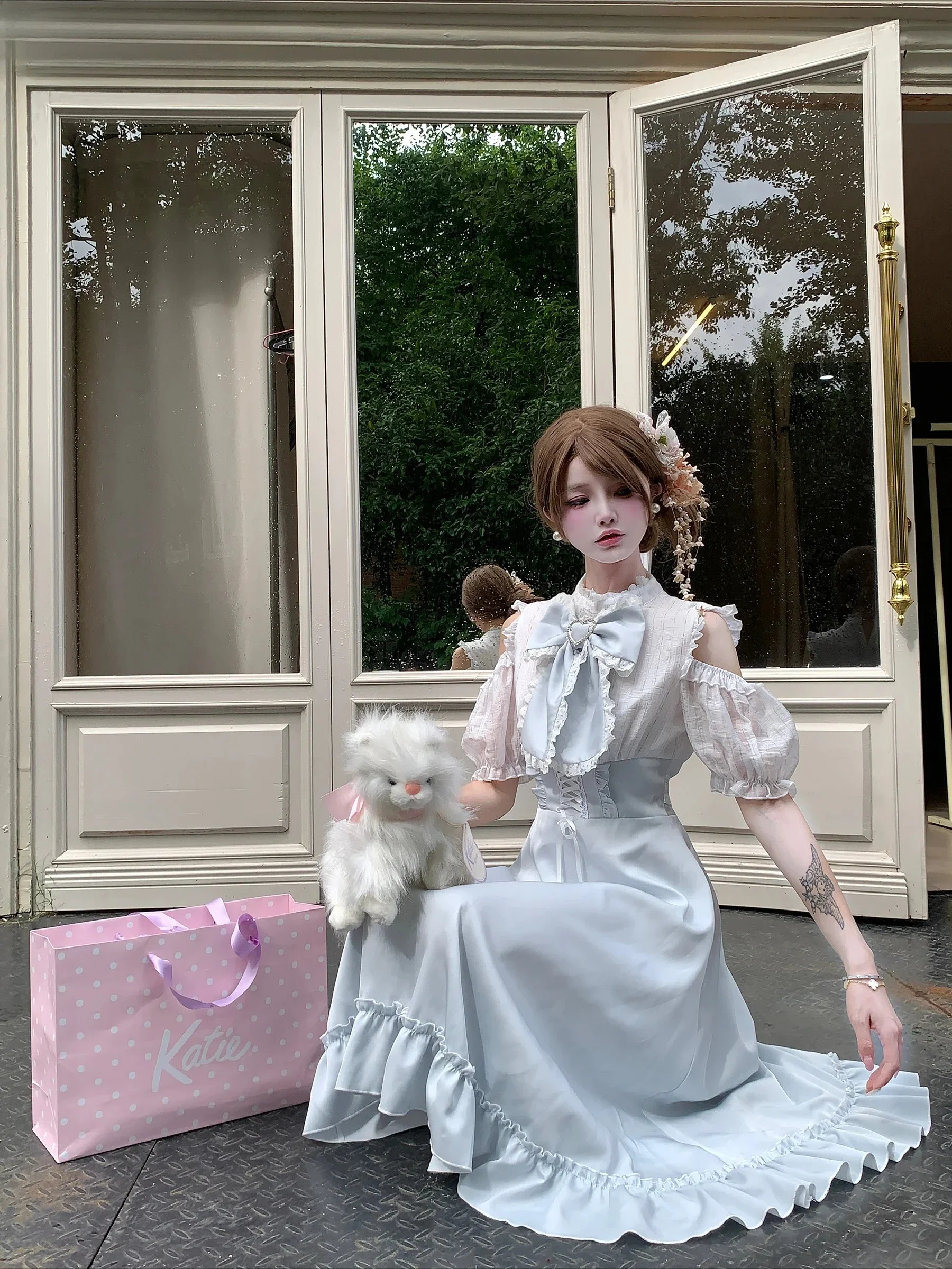 

Summer New Original Aqua Blue Gentle Off-Shoulder Short Sleeve Dress Sweet Cute Girls Bow High Waist Slimming Long Dresses