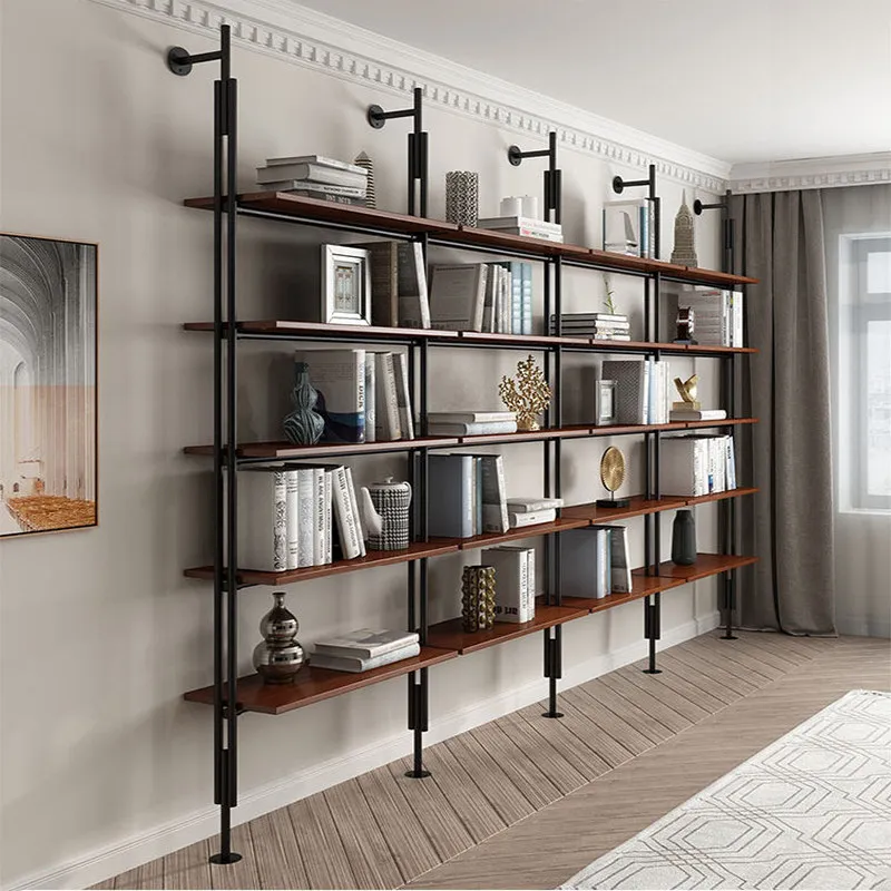 Medieval wrought iron wall-mounted bookshelf floor-to-ceiling creative living room multi-layer