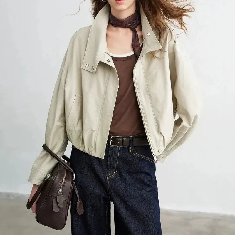 Lapel Collar Cropped Jacket Turn‑Up Cuffs Snap Buttons Elastic Hem Loose Silhouette Women Casual Short Outerwear 260901