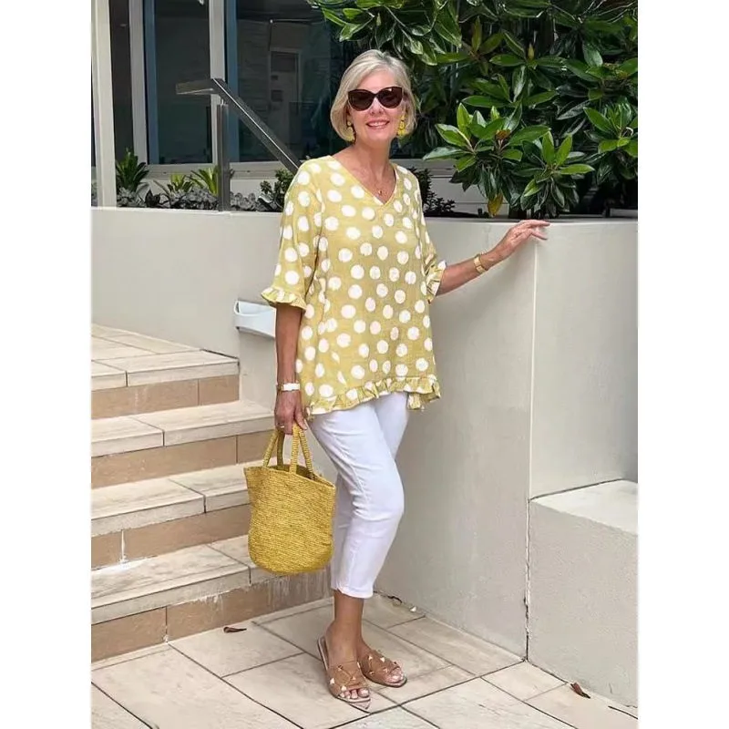 Temu Summer 2024 Women's Short Sleeve V-Neck Polka Dot T-Shirt Cross-Border Fashion Loose Fit Sporty Polyester Printed Top