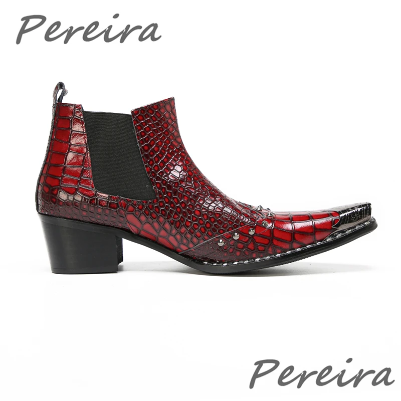 Red Checkered Genuine Leather Chelsea Boots for Men British Iron Toe Slip-On Ankle Boots Summer New Party Banquet Wedding Shoes