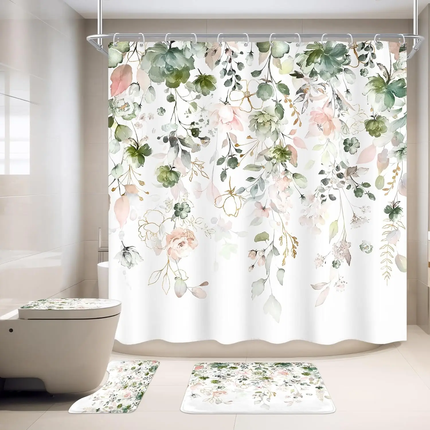 

4 шт., зеленая булавка, цветочный цветок, набор занавесок для душа, дюймовый акварельный пастельный растительный полный набор для ванной комнаты, нескользящий коврик для ванной