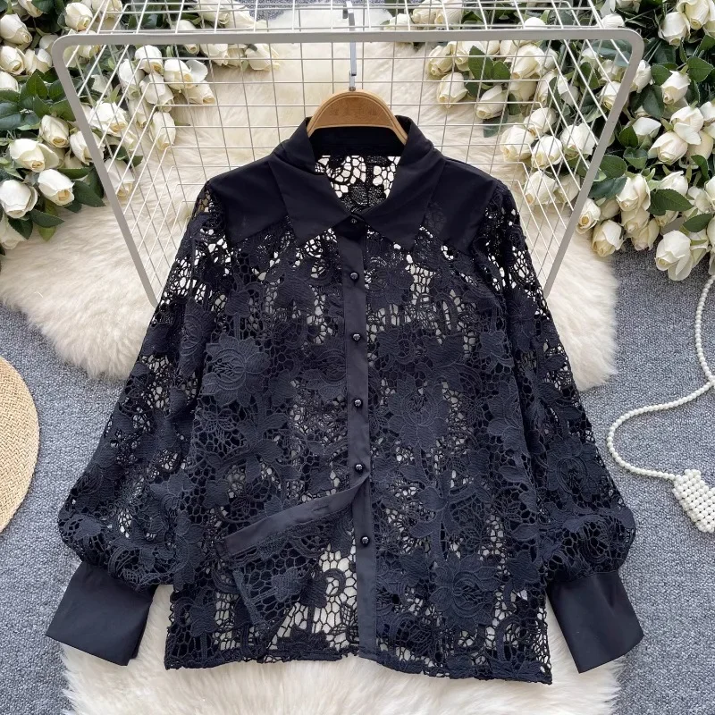 Neploe Elegant Chic Temperament Blouses Femme 2024 Autumn Hollow Out Hook Flower Embroidery High-End Style Sweet Lapel Shirts