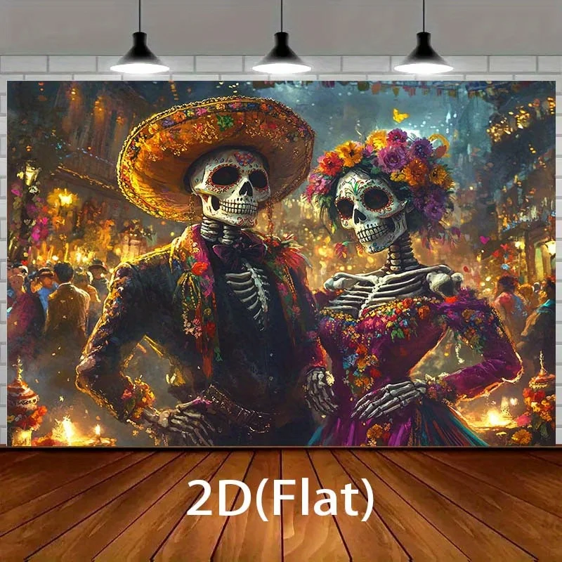 

1pc Death God Couple background, featuring vivid flowers and festive party decorations - Mexican party decorations