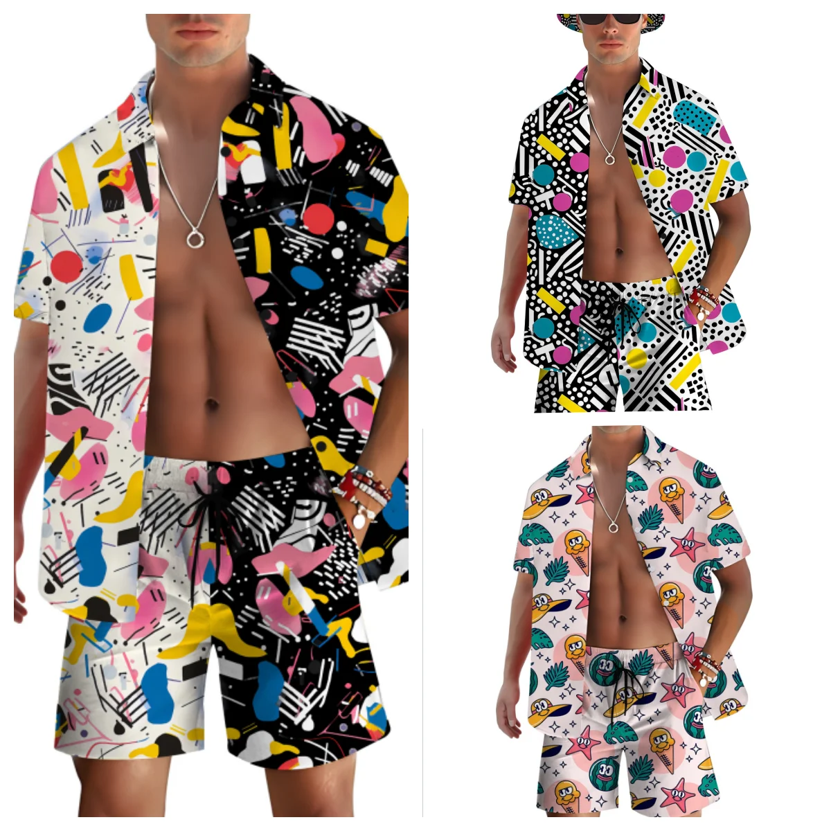 

Funny 3D Graffiti Printed Men's Shirt Sets Fashion Lapel Short Sleeve Shirts Shorts Suit Summer Casual Breathable 2 Piece Outfit