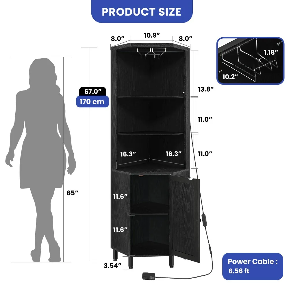 Szafka narożna barowa 67 cali drzwi szklane na alkohol stojaki na wino LED drewniane półki