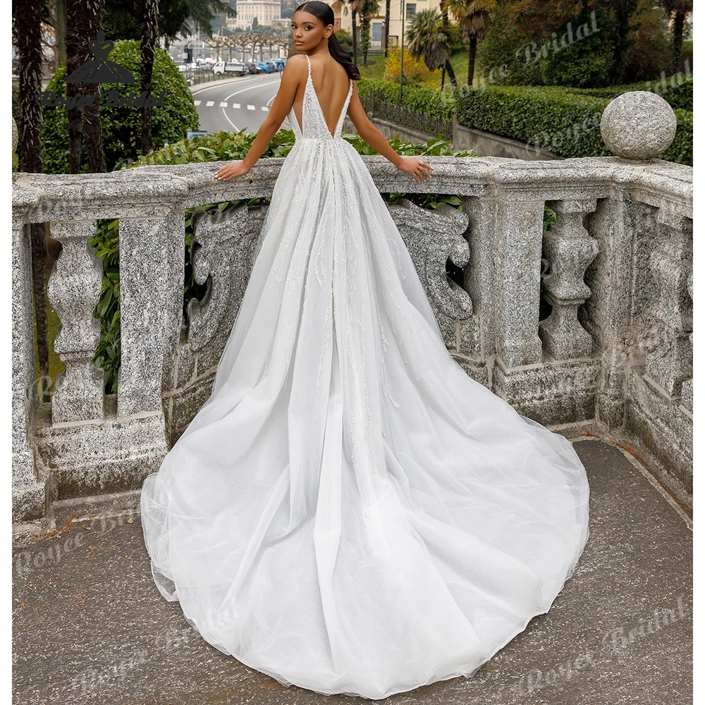 Elegant Beaded Pearls Sexy A Line Wedding Dresses 2027 Backless Deep V Neck Customized Beach Bridal Gown Custom Vestido De Novia