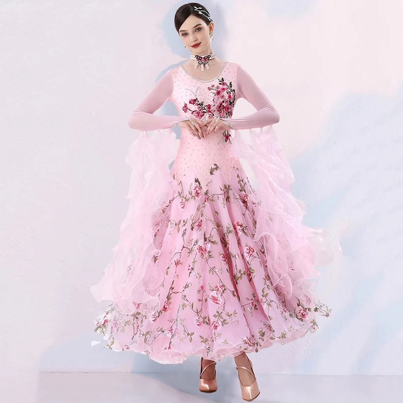 Pink Ballroom Dance Competition Dress for Woman  Standard Waltz Performance Clothes Long Sleeves Modern Dancewear Costumes