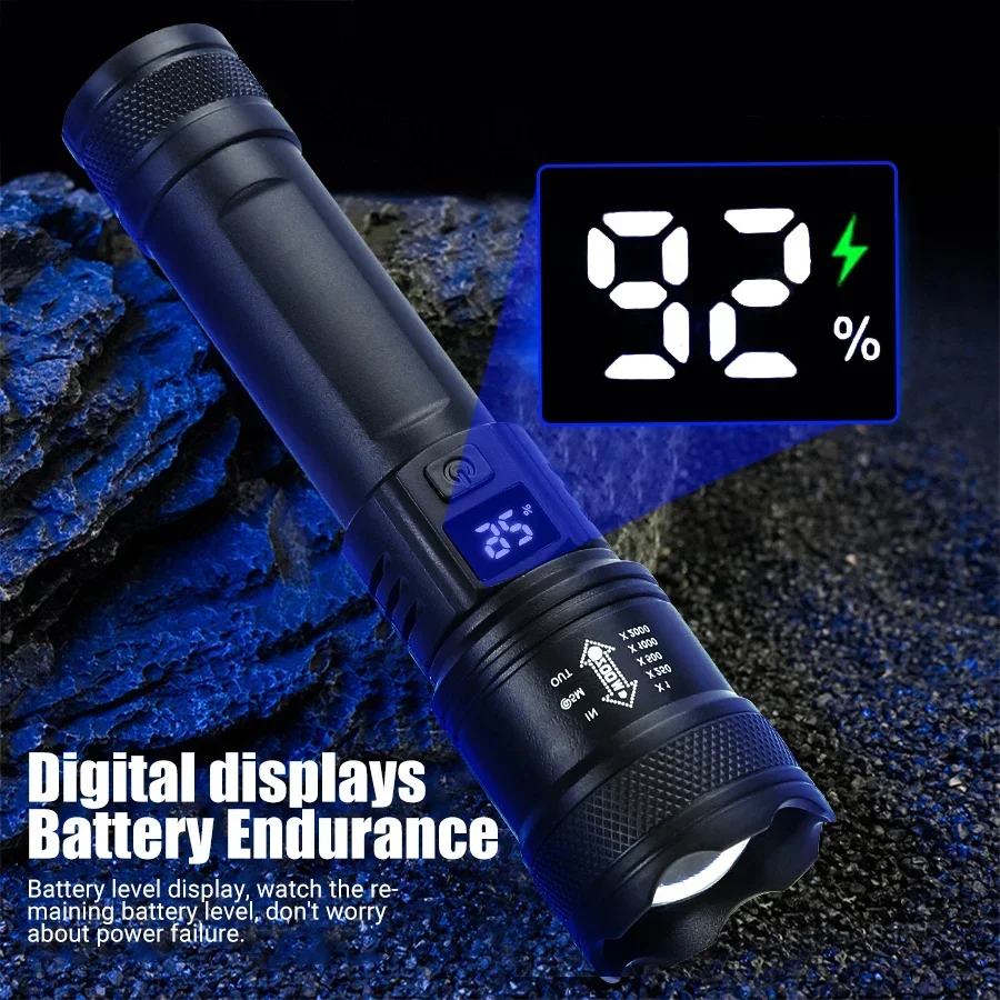 Ultra Bright Led Flashlights USB Rechargeable Zoom Spotlight Torch with Power Display Tactical Flashlight for Emergency Lighting