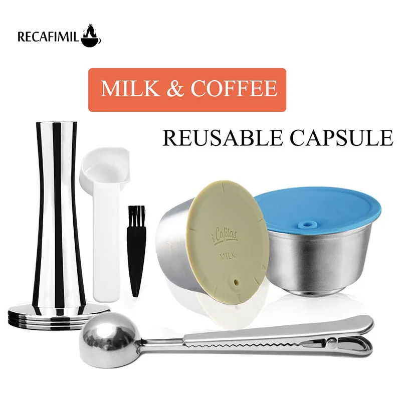 RECAFIMIL Reusable Crema Coffee Capsule & Milk Filter Stainless Steel for Nescafe Dolce Gusto Coffee Machine Espresso Pod Tamper